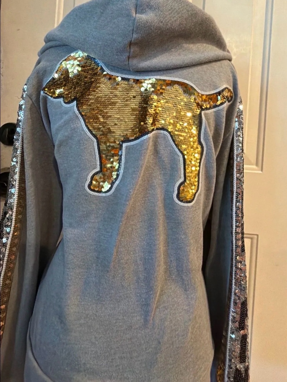 PINK Victoria's Secret Gray Hoodie with Gold Sequin Dog Applique